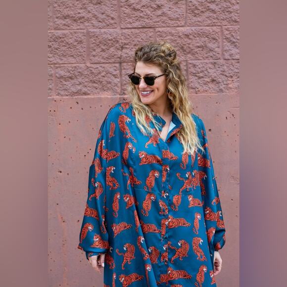 DRESSED IN LALA Tiger Oversized Button-Up Satin Shirt Size Small - Picture 5 of 16
